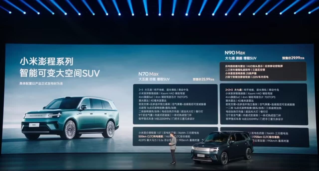小米澎程预售价公布 在今晚的小米澎程技术发布会上,小米集团董事长雷军宣布小米澎程 N90Max 预售价为 29.99 万元,N70Max 预售价为 25.99…