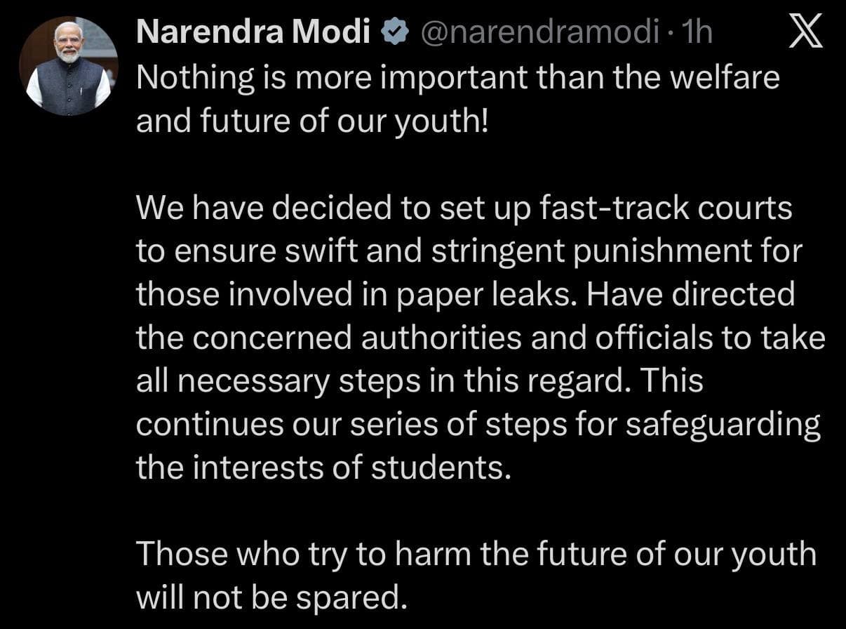 🇮🇳 莫迪就目前学生抗议事件发表评论: 没有什么比青年人的福祉与未来更加重要! 我们已决定设立快速审理法庭,确保迅速、严厉地惩处所有参与试卷泄露的人。我已指示…