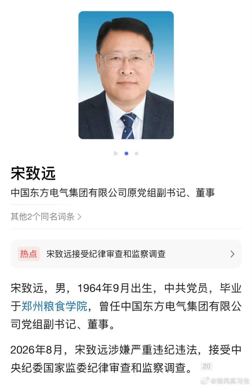 【东方电气原董事宋致远被查,当政期间 “投资印度被当肥猪宰”?】 8月8日,中纪委通报,中国东方电气集团原党组副书记、董事宋致远涉嫌严重违纪违法,目前正接受纪…